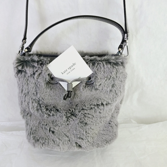 NWOT Kate Spade Eva Faux Fur Bucket Crossbody Bag Grey & dust bag, care booklet - Picture 2 of 14